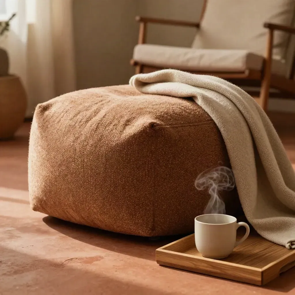 Pouf bouclé con vassoio in legno, tazza in ceramica e coperta morbida in un salotto caldo.